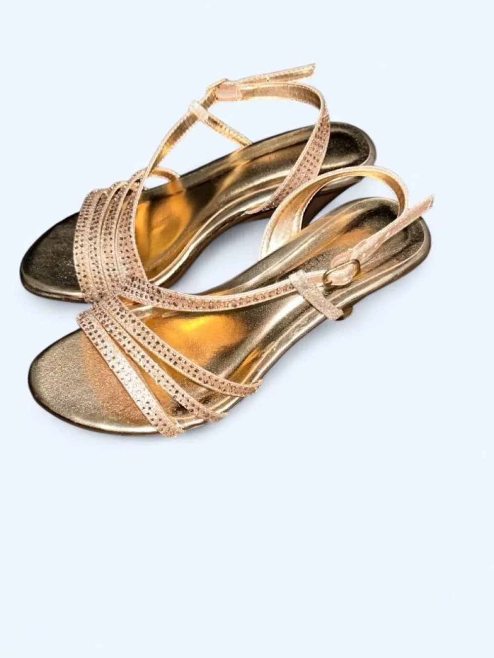 Women's Gold Rhinestone T-Strap Kitten Heel Sandal